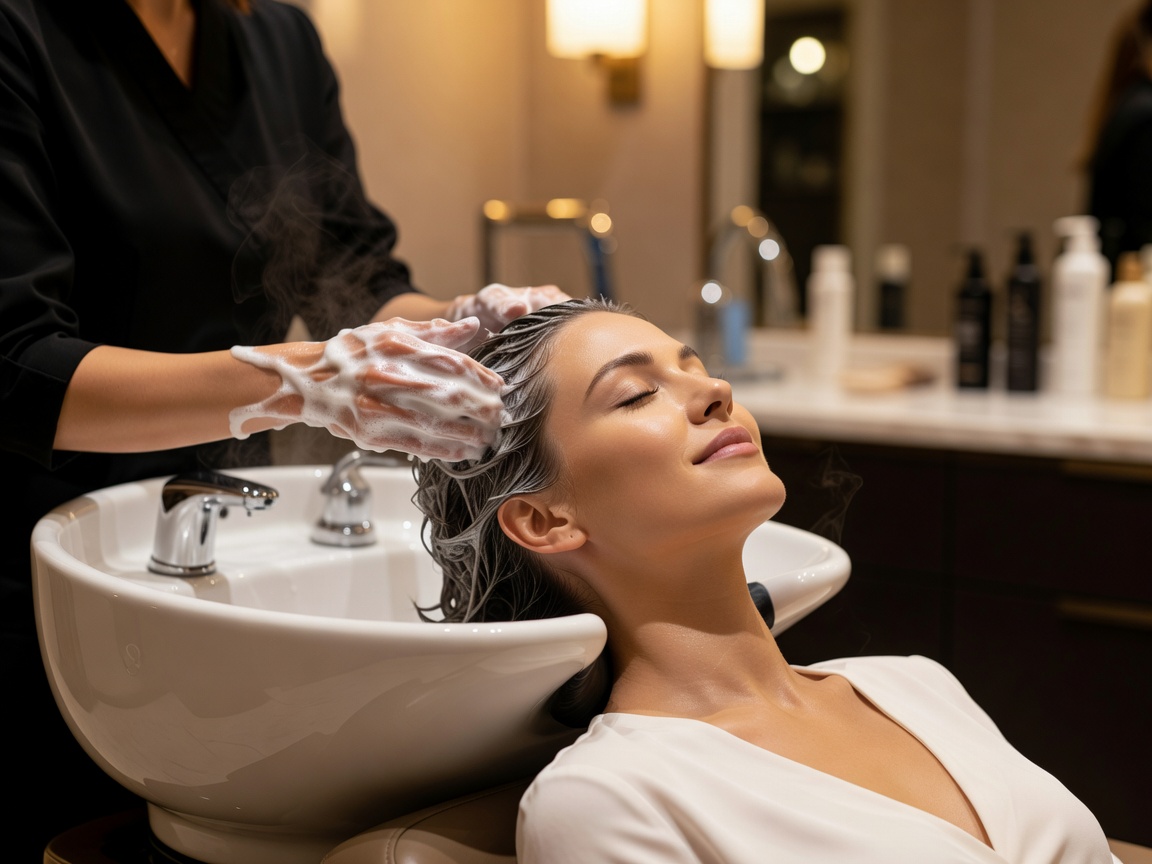 Client receiving a relaxing hair washing and conditioning treatment