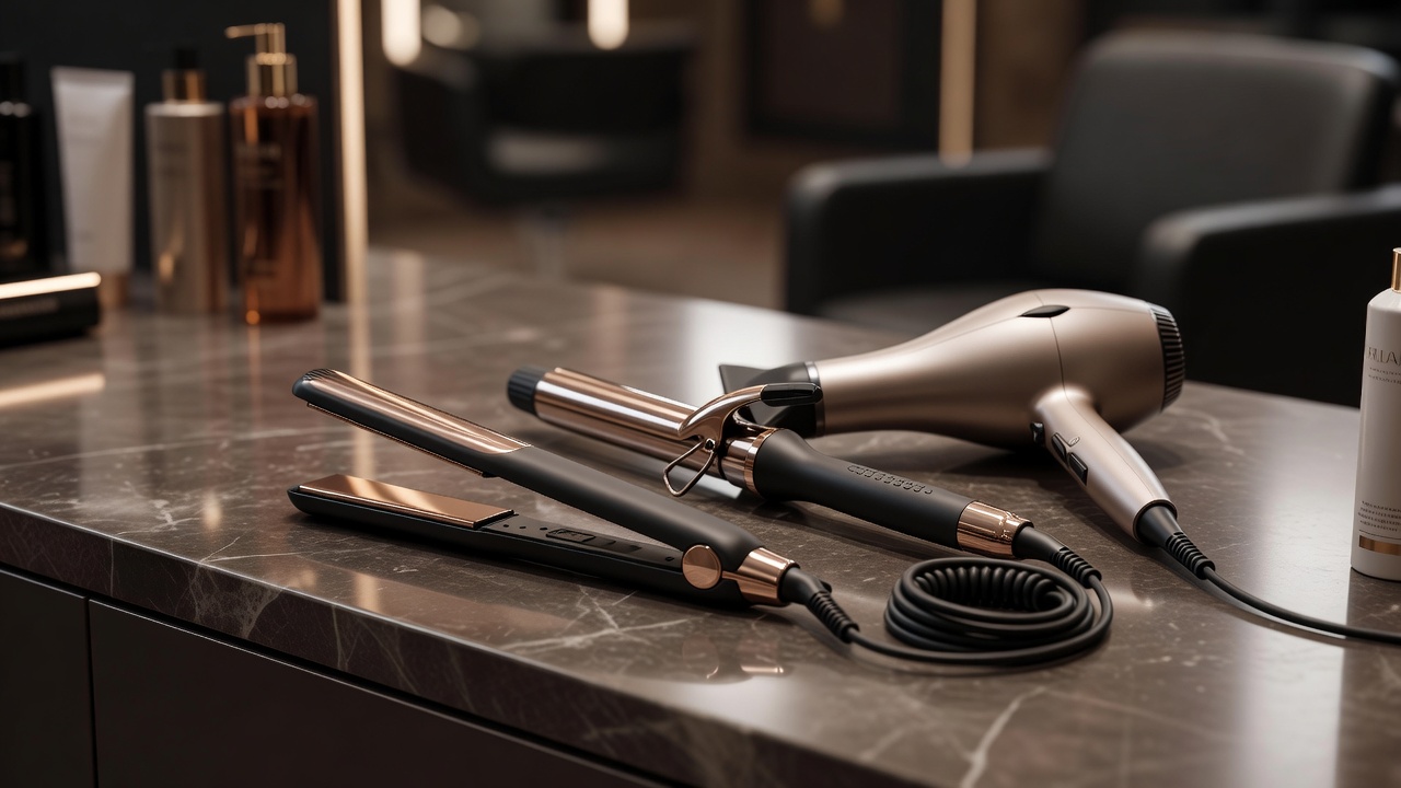 Close up of luxury hair styling tools on salon station