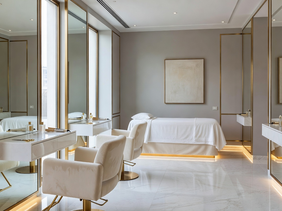 Luxury interior of beauty salon with mirrors and warm lighting