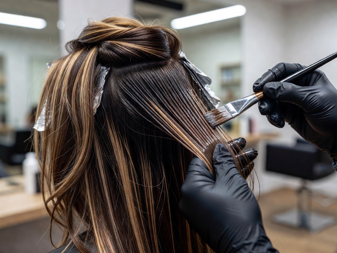 Professional hair coloring process showing dimension