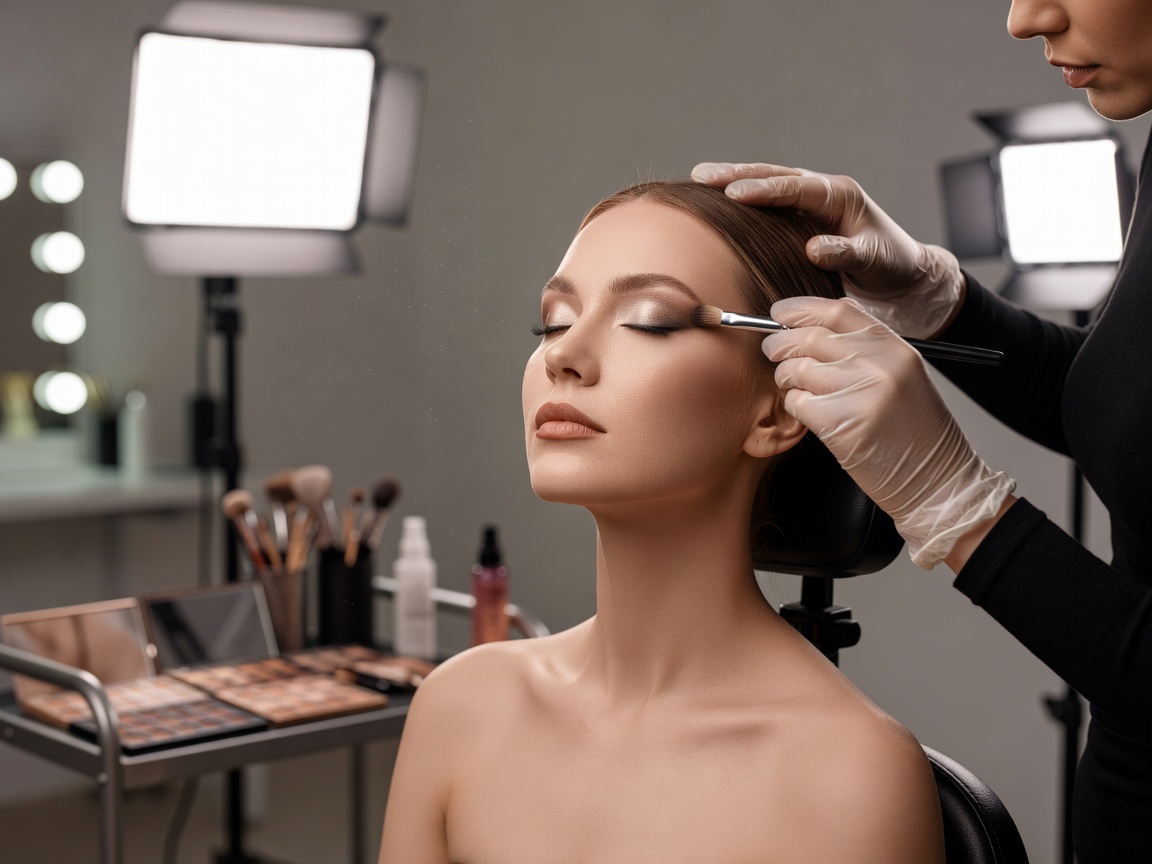 Professional makeup application on model