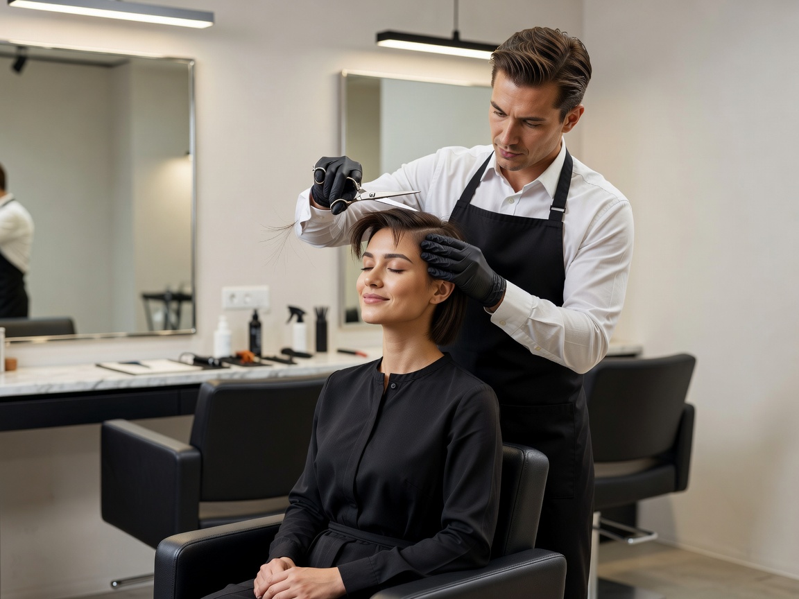 Stylist precisely cutting client's hair